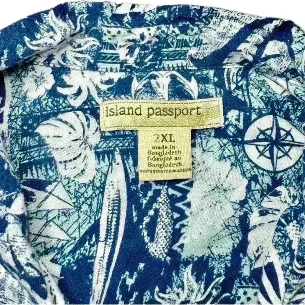 Island Passport Nautical Print Short Sleeve Camp Button Up Nautical Print 2X - Picture 2 of 5